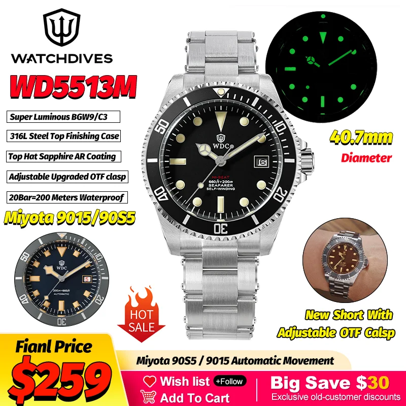 Watchdives Man Luxury Mechanical Watch Wd5513M Miyota 90S5/9015 Automatic Top Hat Sapphire 20Atm Fly Clasp 40.7Mm Retro Watches