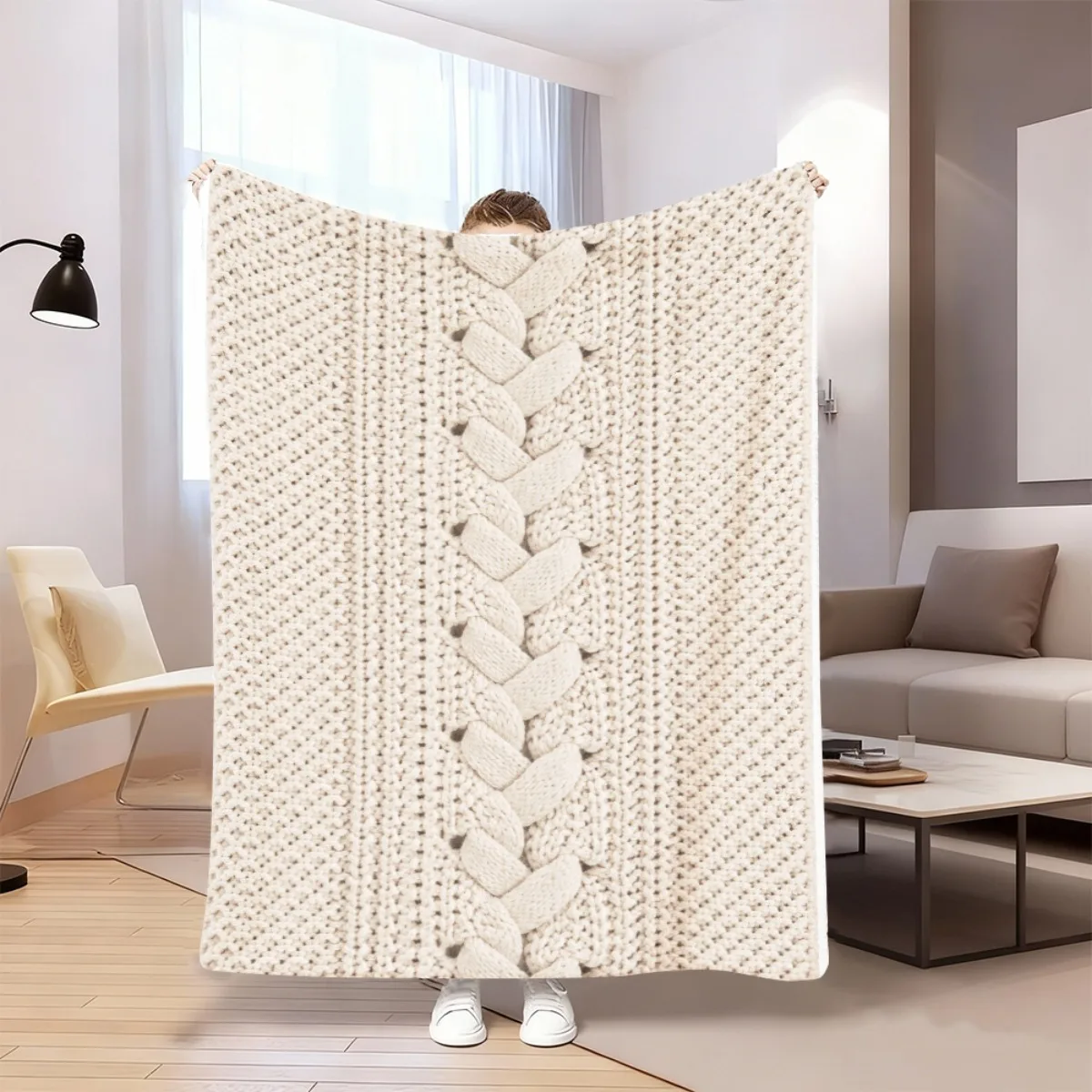 1pc Beige Braided Cable Fabric Flannel TV Blanket Machine Washable, Premium Quality, Cozy, Lightweight Modern Print Car, Office,
