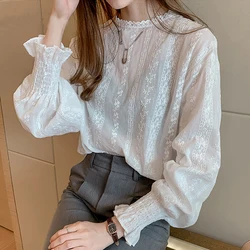 Dingaozlz Vintage style lace shirt Flare sleeve Hollow out White blouse Casual clothing New fashion Women lace Tops Blusa