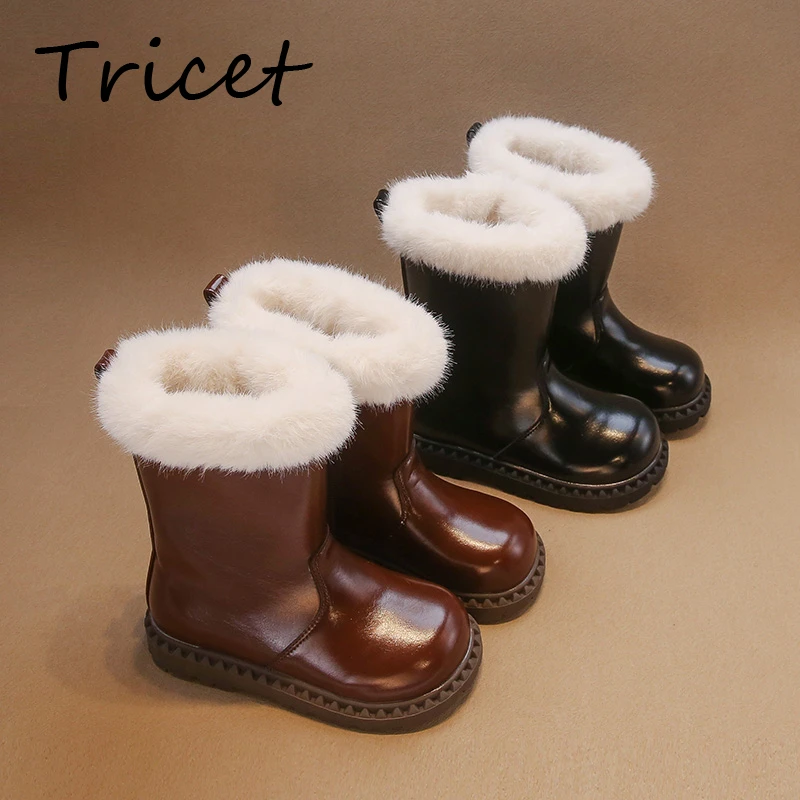 

Winter Solid Children Fashion Boots Faux Fur PU Leather Girls Mid Calf Shoes Cotton Plush Warm Zip Soft Bottom Kids Boots