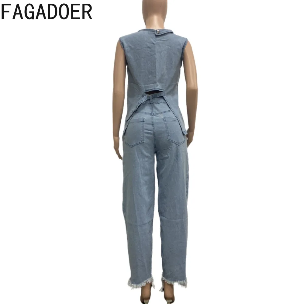 FAGADOER Blue Autumn Solid Color Denim Two Piece Sets Women Round Neck Sleeveless Loose Top And Wide Leg Pants Outfit Streetwear