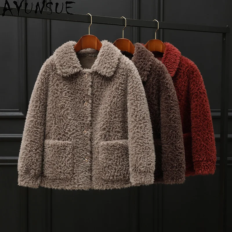 เสื้อโค้ทขนสัตว์แท้ 100% AYUNSUE สำหรับผู้หญิง ปี 2025 แจ็คเก็ตขนแกะเกาหลี เสื้อผ้าฤดูหนาว แฟชั่นผู้หญิง ขนสัตว์ผสม เสื้อโค้ทขนสัตว์สำหรับผู้หญิง