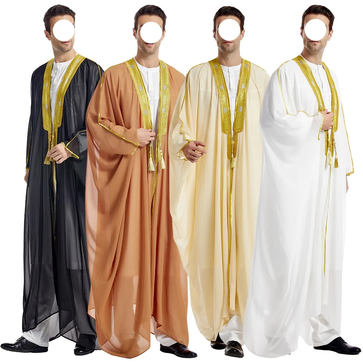 

Cross border Middle Eastern men's Arab robe, Dubai clothing embroidered long sleeved hanging beard gold bead chiffon outerwear