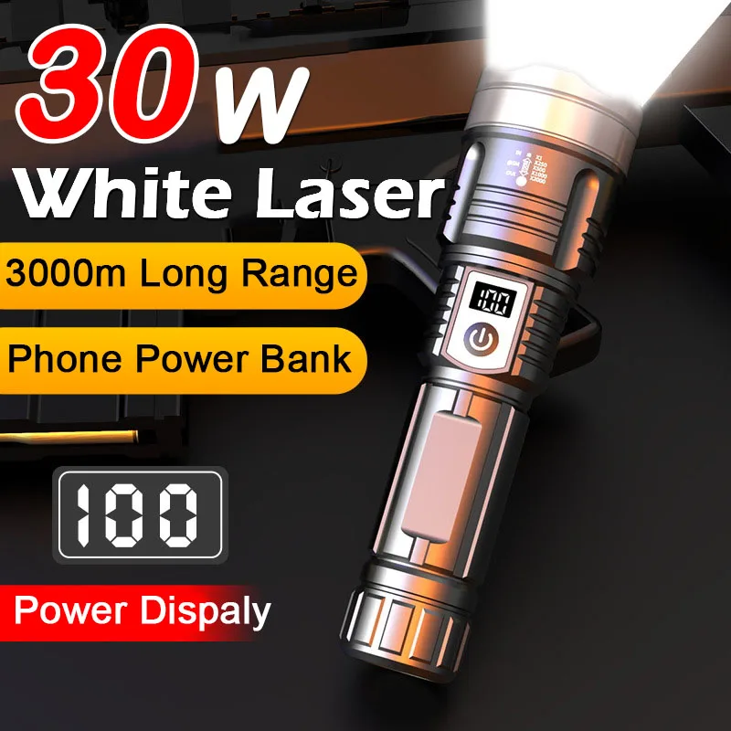 

High Strong Power 30w Led Flashlights 3000m Zoom Tactical Light Emergency Spotlights Telescopic Torch With Built-in battery