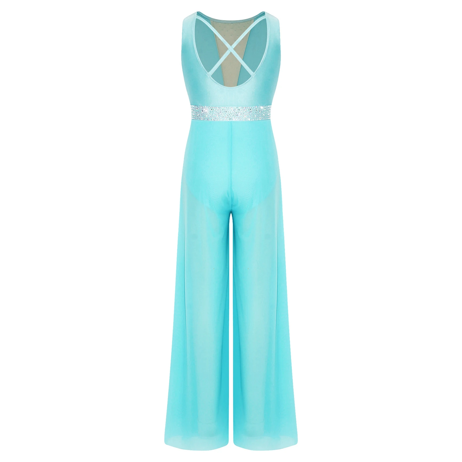 Kids Girls Mesh Bodysuit Modern Dance Costume Wide-leg Pants Sleeveless Rompers Lyrical Dancewear Jumpsuit for Performance
