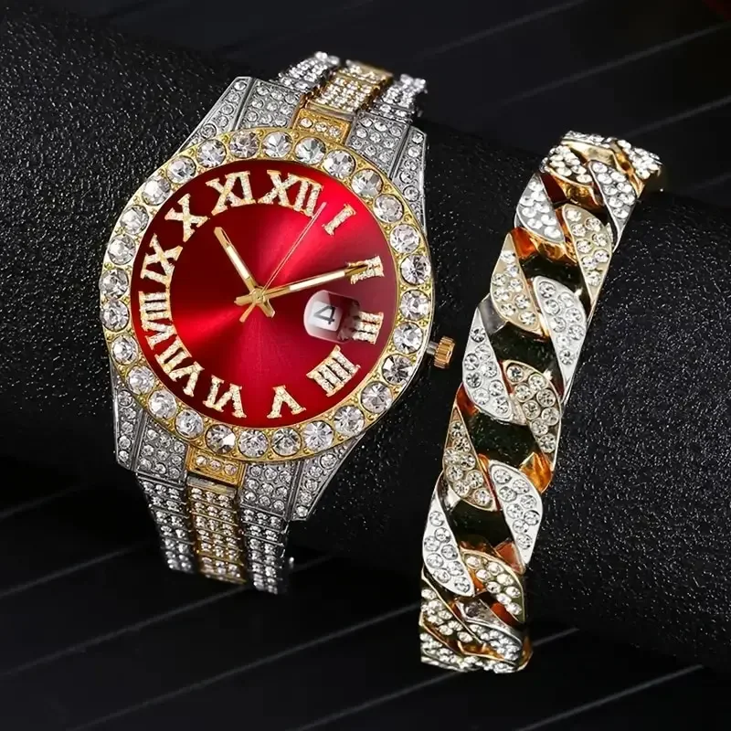 Watch Bracelet Set Hip Hop Stainless Steel Gold Color Calendar Watch for Men Iced Out Paved Rhinestones Men Watch Reloj Hombre