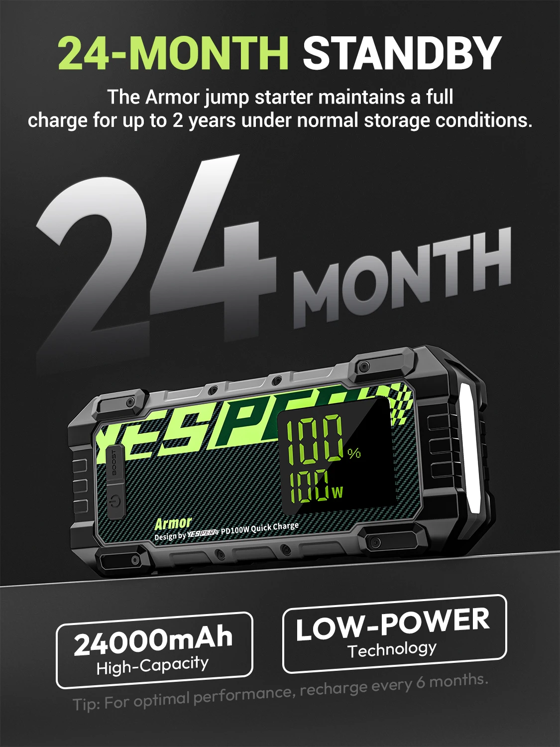 YESPER 4000A 10L Diesel/Gas Jump Starter – 12V/24000mAh, 100W PD Fast Charge, 3-Mode Light + Case, Portable Power Bank view 7