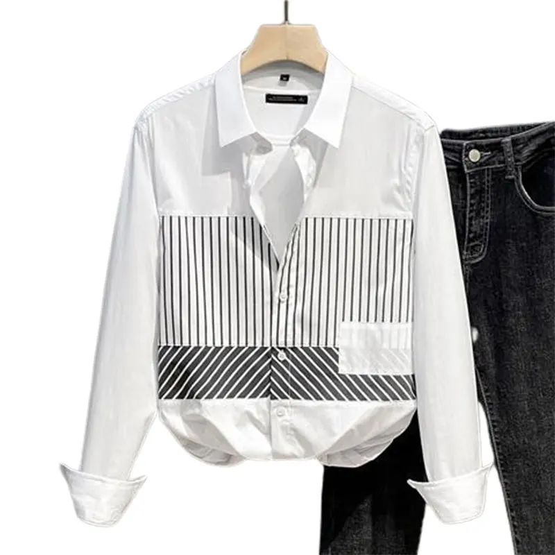 Elegant Fashion Harajuku Slim Fit All Match Shirt Stand Collar Stripe Button Long Sleeve Outerwear Loose Casual Male Clothes