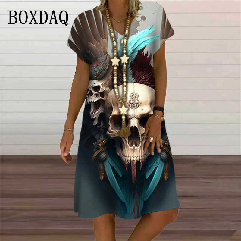 Summer Skull Print Dresses Women 2023 Fashion Hip Hop Street Casual Party Short Sleeve A-Line Dress Oversized Clothing Vestidos