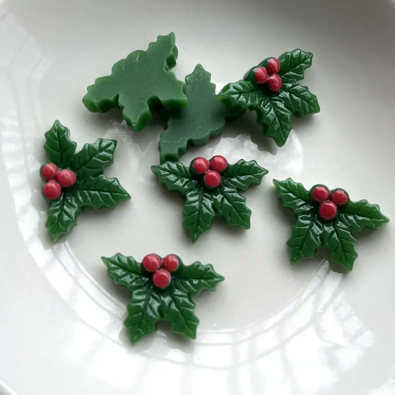 10pcs Resin Cute Christmas Holly Leaf Flat Back Cabochon Art Decoration Charm  resin flatback  25x19mm