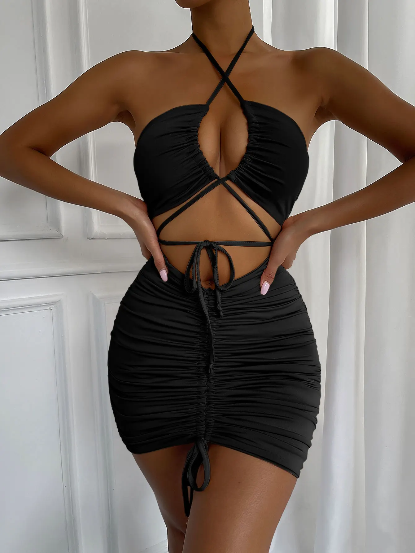 Sexy Women Strapless Mini Dress Halter Neck Hollow Out Drawstring Ruched Pleated Party Bodycon Dresses