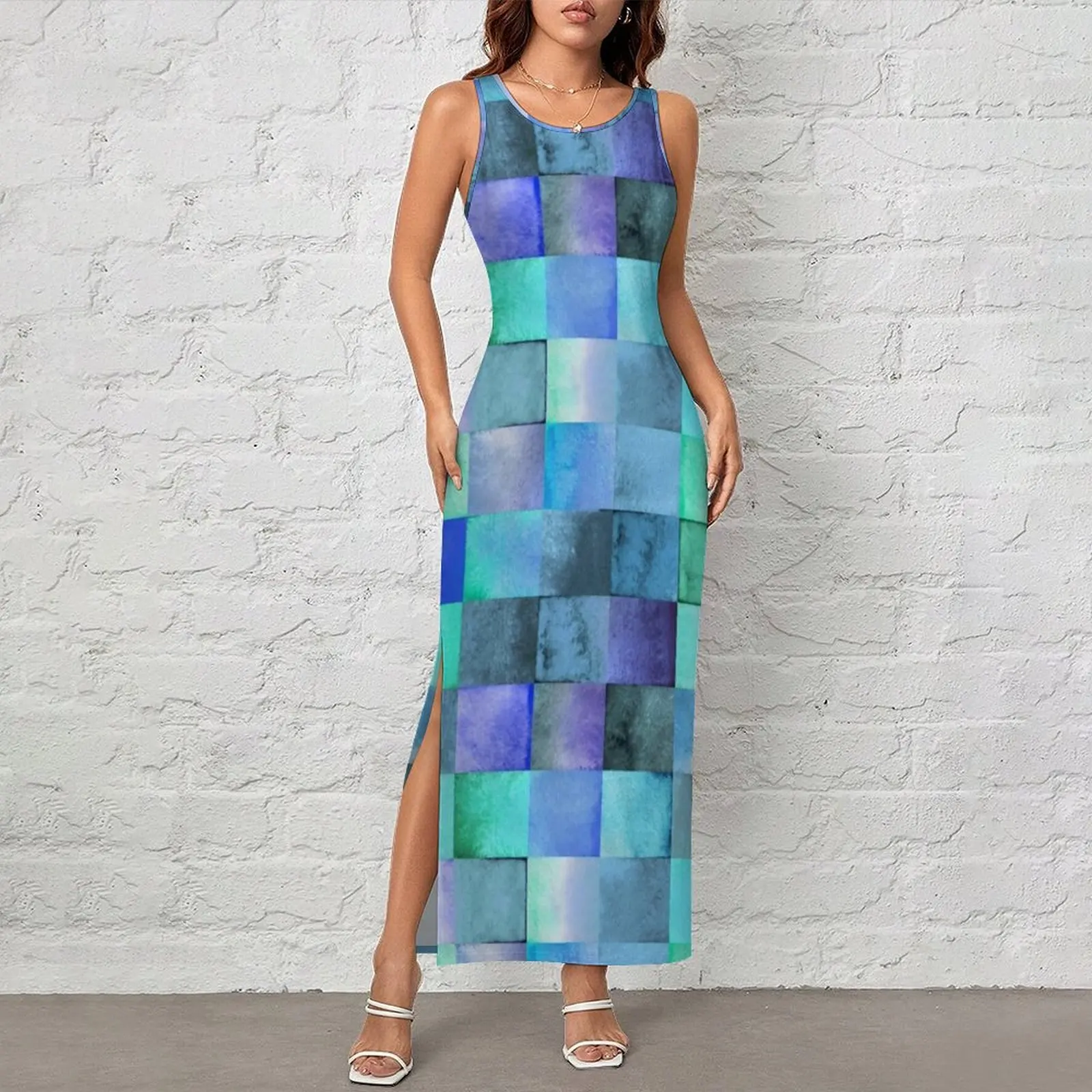 Colorful Geometry Dress Sleeveless Watercolor Square Street Style Maxi Dresses Sexy Bodycon Dress Women Graphic Big Size Vestido