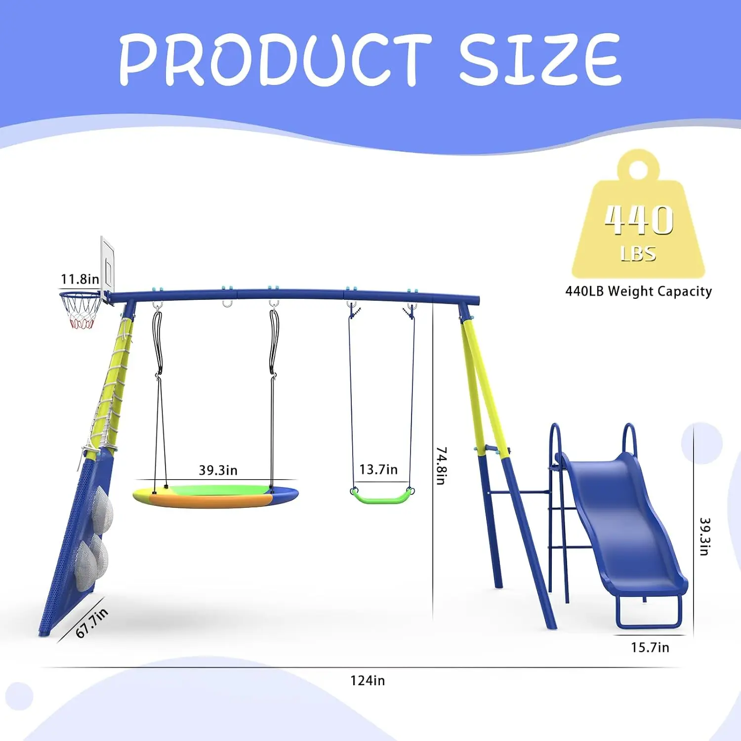 Set for Kids 5 in 1 Outdoor Swing Sets Heavy-Duty Metal Swing Set with Slide, Saucer Swing, Belt Swing, Soccer Goals and Basketb