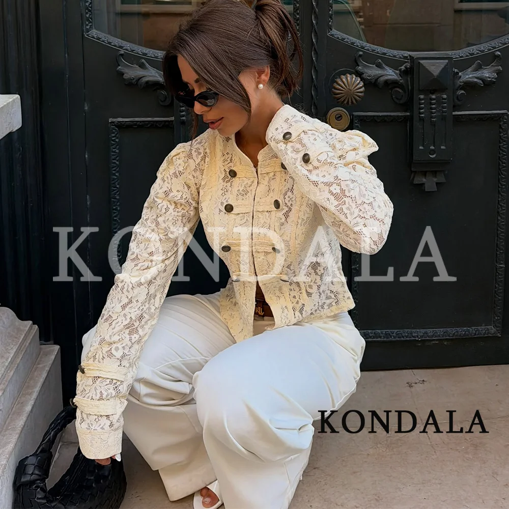 KONDALA Women Elegant Lace Slim Jacket 2026 Summer Early Fall Vacation Chic Dinner Date Jacket Vintage Rope Buttons Trim Jacket