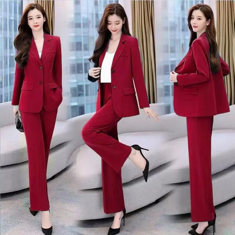 

Elegant Ladylike Three-Piece Suit Set with Wide Leg Pants Professional Look Long Sleeve Polyester Commute Style Pure Color