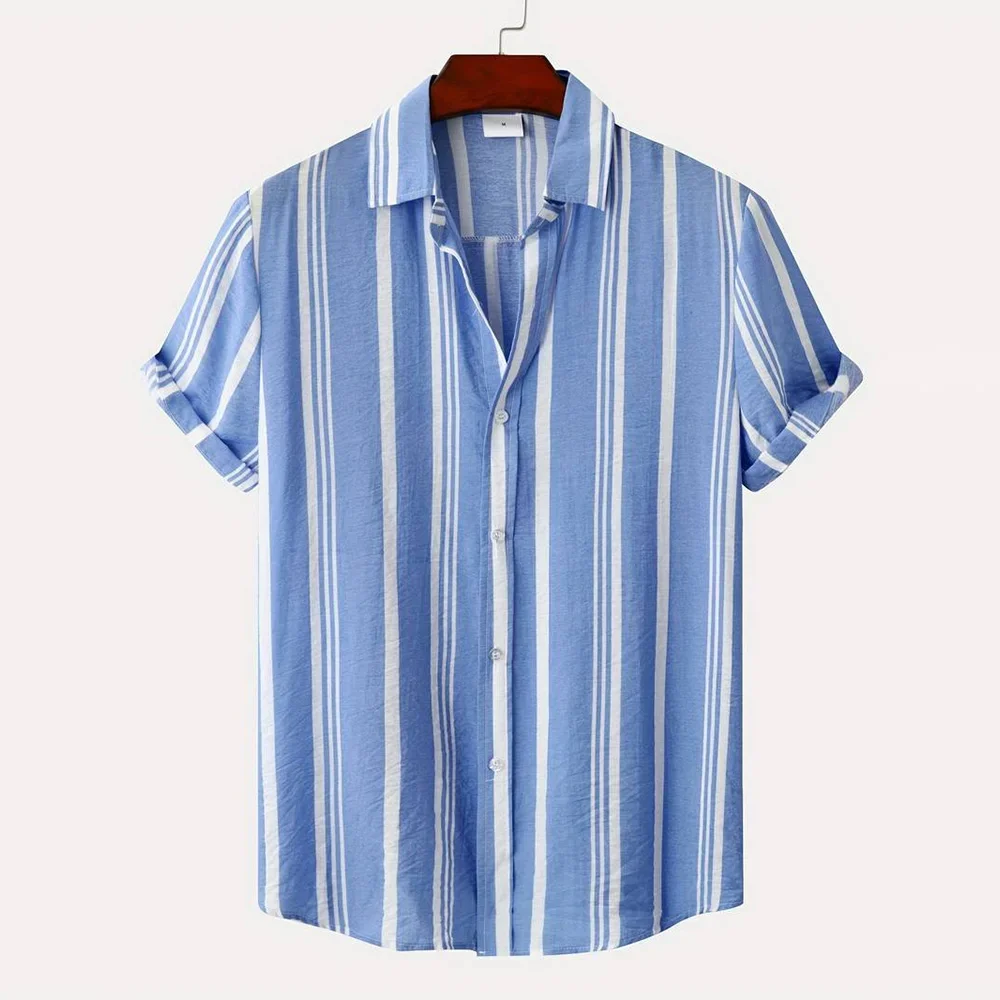 

2025 Hawaii Men's Striped Short Sleeve Shirt Men's Casual Office Tops Oversized Beach TShirt Summer Male Button Down Lapel Shirt