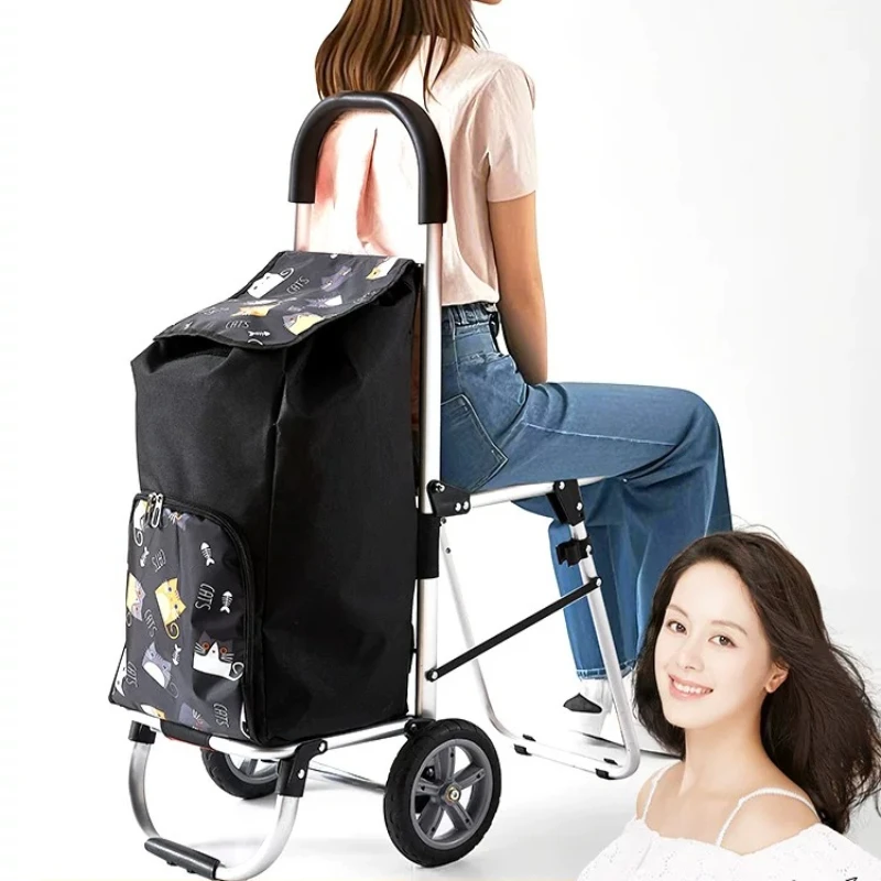Aluminum Foldable Shopping Cart, Sit On Hand Truck for Elderly, Large Capacity Grocery Trolley, Quiet Wide Wheel Pull Wagon