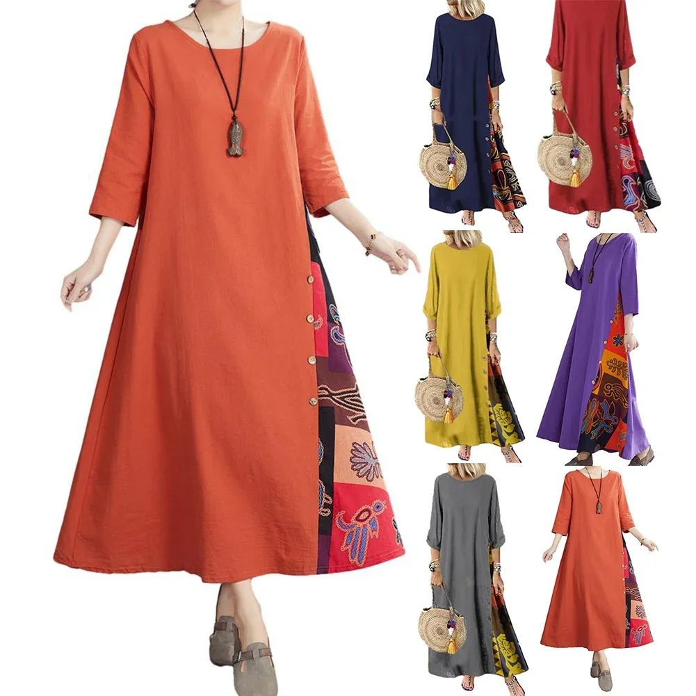 Gaun Maxi kebesaran wanita, atasan jubah longgar kasual lengan 3/4 bercetak gaun Vintage