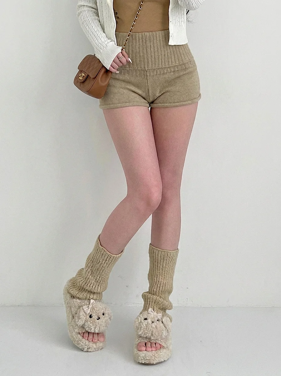 High Waist Knitted Short Pants Women's Autumn Winter Straight Leg Casual Pants Slimming Bootcut Pants Trendy Commute Style