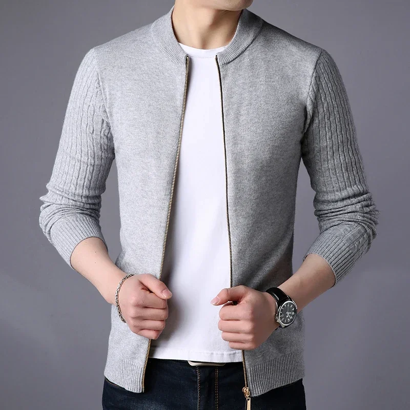 Korean Fashion Cardigan Sweater Men Solid Stand Collar Zipper Men\'s Sweater Slim Fit Cardigan for Man Plus Size 3XL