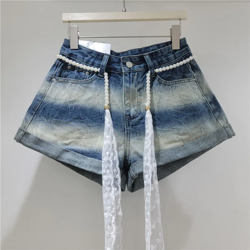 ANJY Summer New Women Fashion Gradient Denim Wide Leg Shorts Stylish Versatile Contrast Color Rolled Hem Sashes Hot Pants A24132