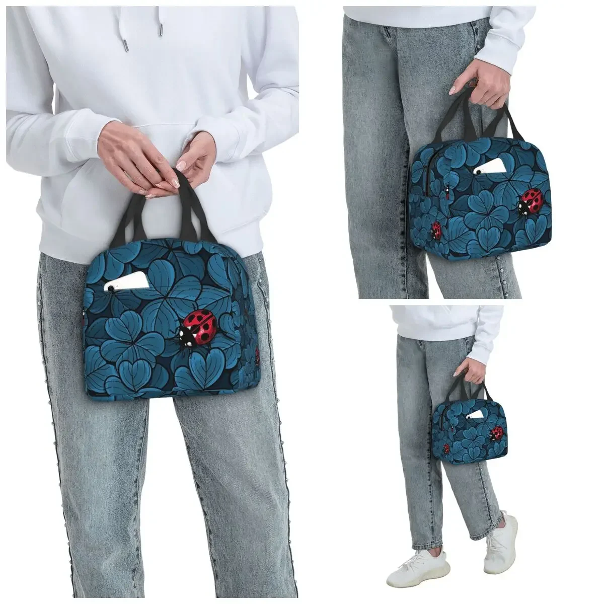 Ladybug On The Four Leaf Grass Insulated Lunch Bag for Kids School Cooler Thermal Food Box Tote Leakproof Lunch Boxes Container