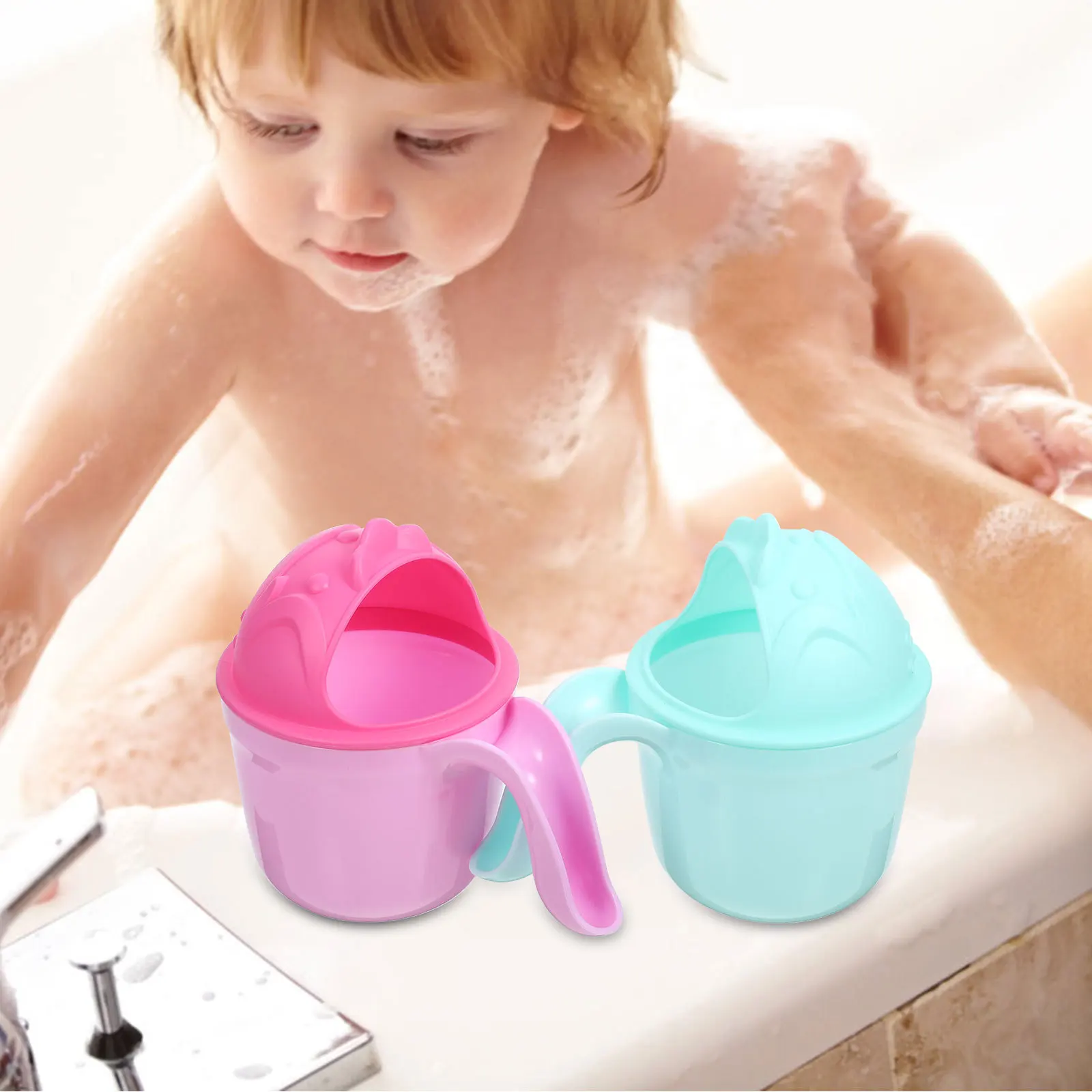 

2Pcs Baby Shampoo Rinse Cup Safe Waterfall Rinser Baby Bath Cup Cartoon Design Toddler Shower Supplies Bath Water Rinser