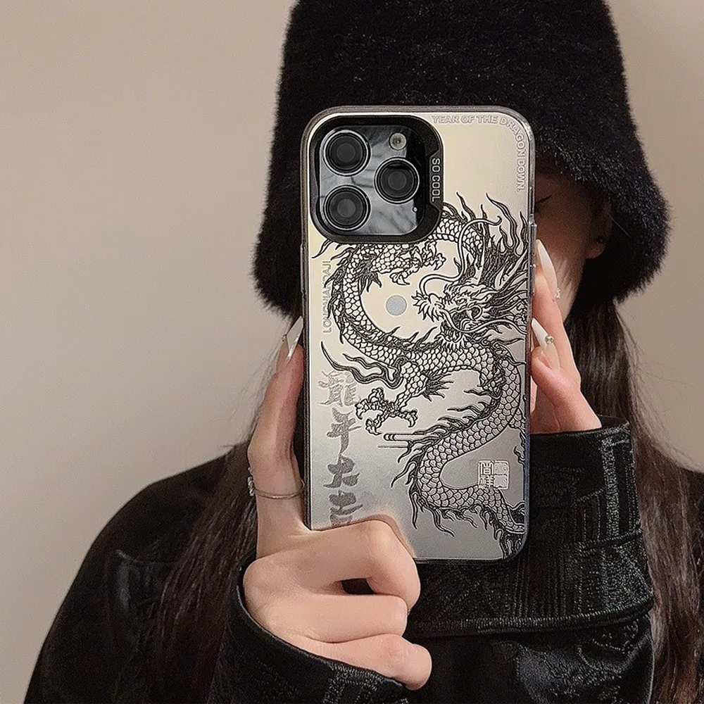 Luxury Laser Eastern myths legends Chinese dragon Phone Case For iPhone 11 12 13 14 Pro Max 15 Plus 3D Totem  Anti-drop Cover