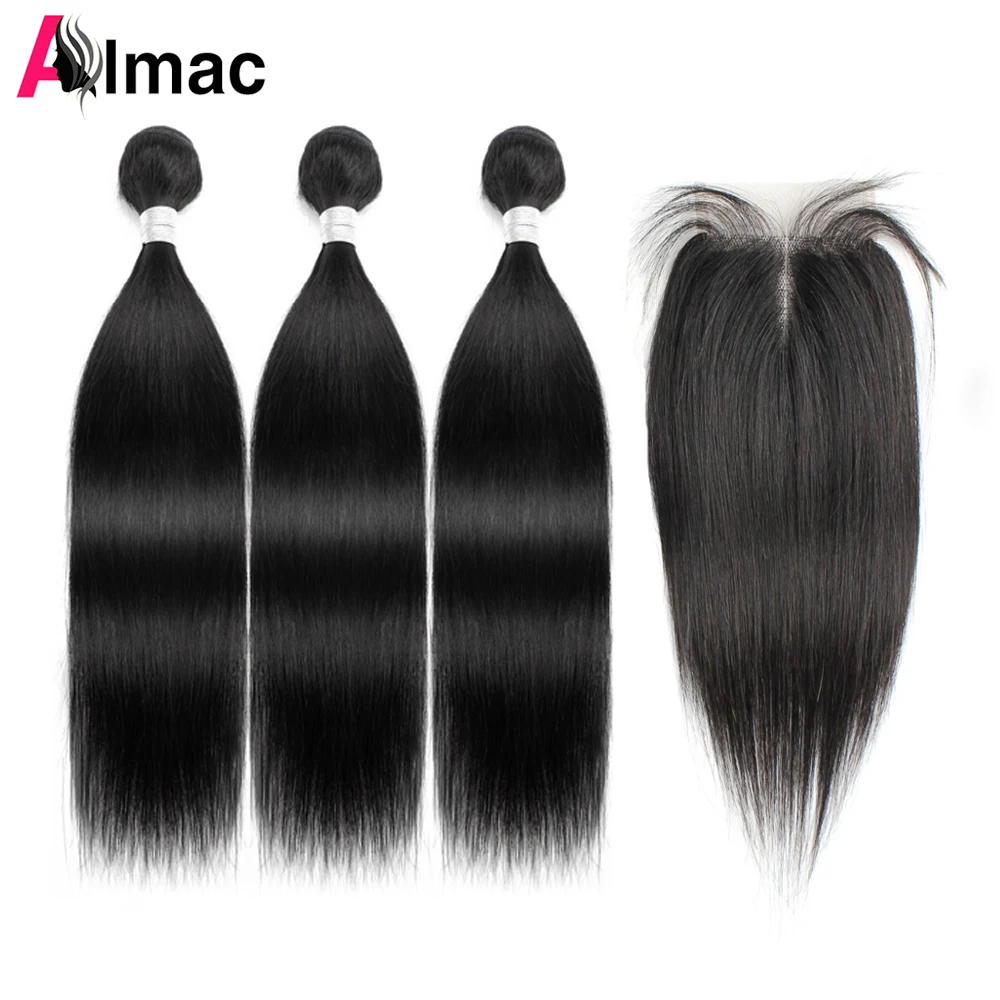 Mèches Brésiliennes Remy Lisses avec Lace Closure pour Femme, Extension de Cheveux Humains, Double Trame, 4x1, 200g par Ensemble, 3 Pièces