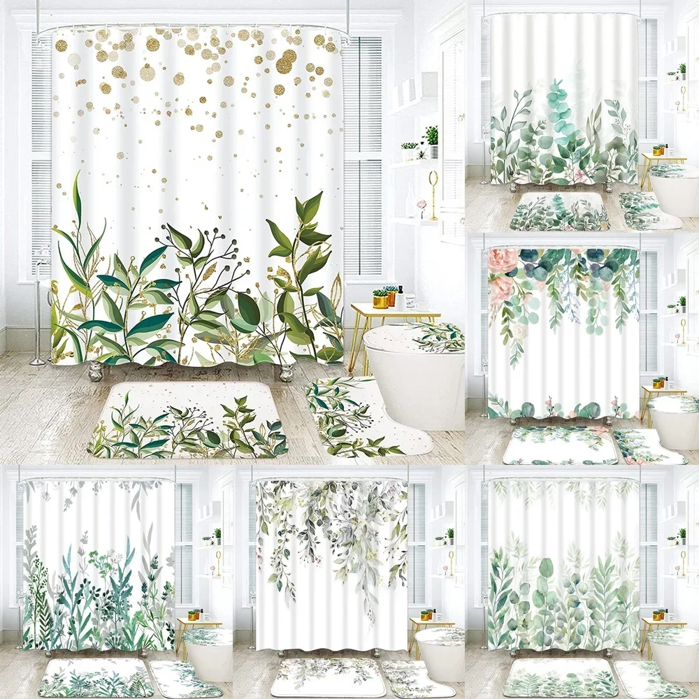 Green Leaves Shower Curtain Sets Spring Rural Plant Flower Bathroom Curtains Non-Slip Toilet Lid Cover Rug Baths Mats Home Decor