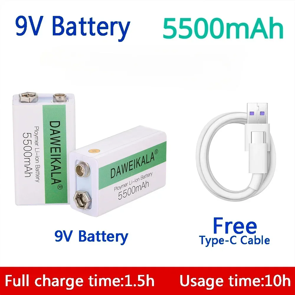 9V 5500mAh 9V battery li-ion Rechargeable battery Micro USB Battery 9v lithium for Multimeter Microphone Toy +USB charging cable