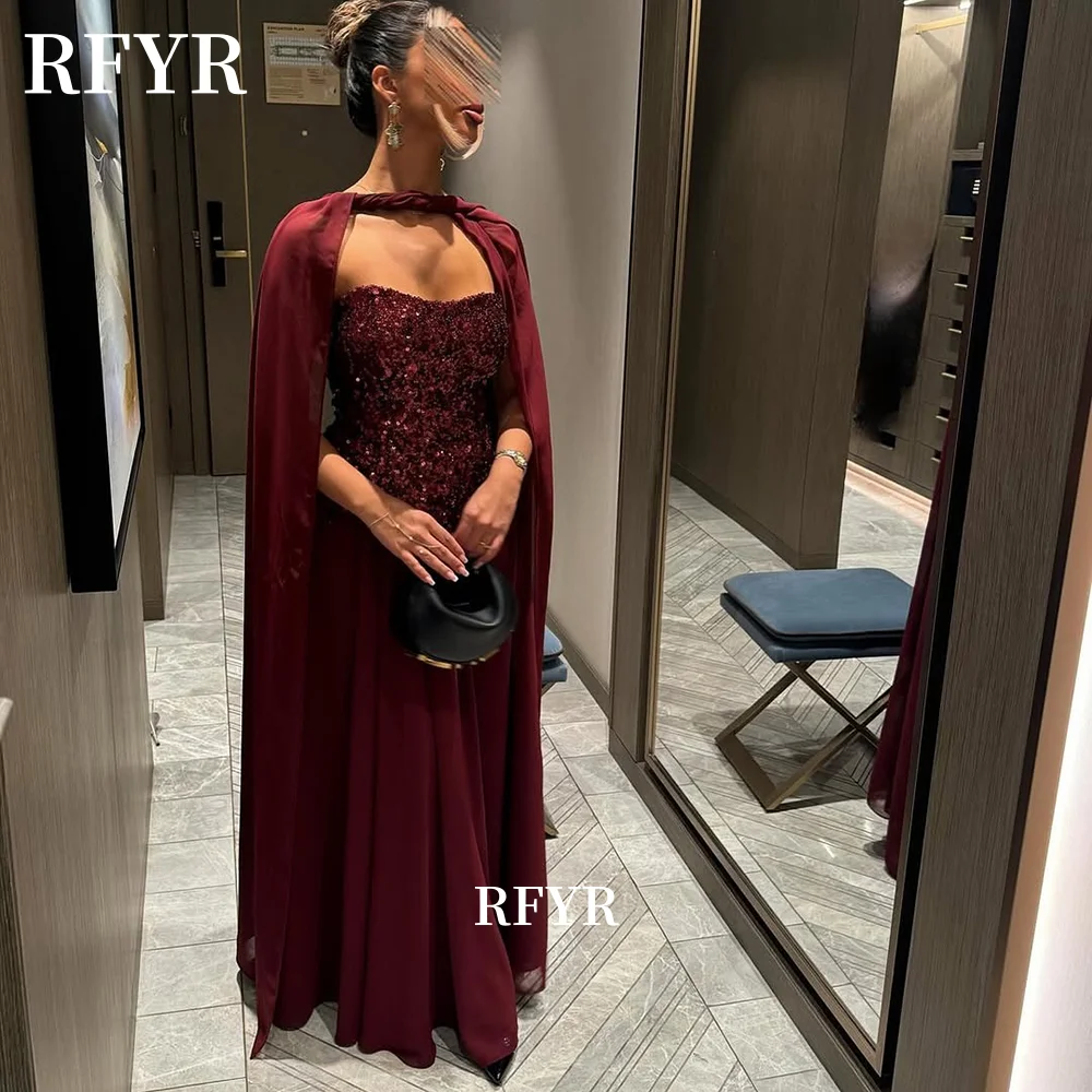 

RFYR Shiny Evening Dress with Cape Prom Dress Sequined Formal Occasion Dresses for Arabic Women vestidos Customized