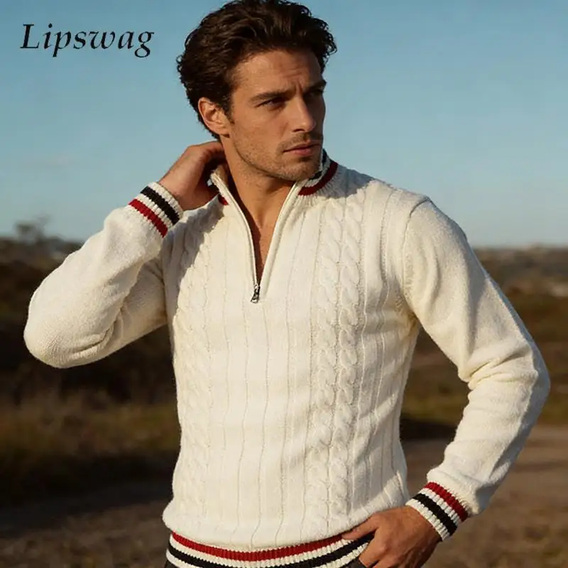 

Винтажные полосатые свитера с воротником-стойкой, мужские зимние повседневные свитера с длинным рукавом на молнии, тонкий вязаный джемпер, топы, мужские весенние стильные свитера