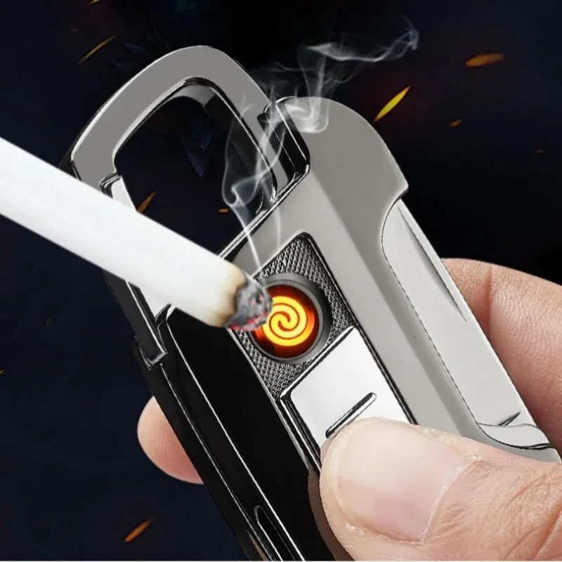Metal Electric Tungsten Lighter USB Rechargeable Multi-Functional Key Chain Flashlight Windproof Cigarette Lighter Men's Gift