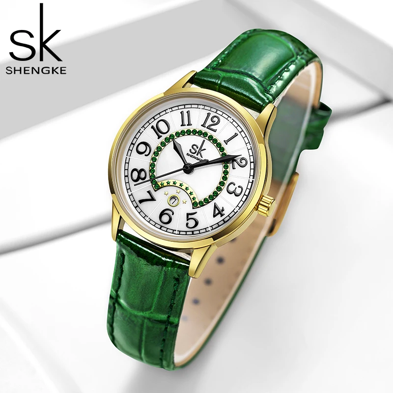 SHENGKE Fashion Green Leather Strap Calender Woman Watches Elegant Design Ladies Watch Original Women\'s Quartz Wristwatches SK