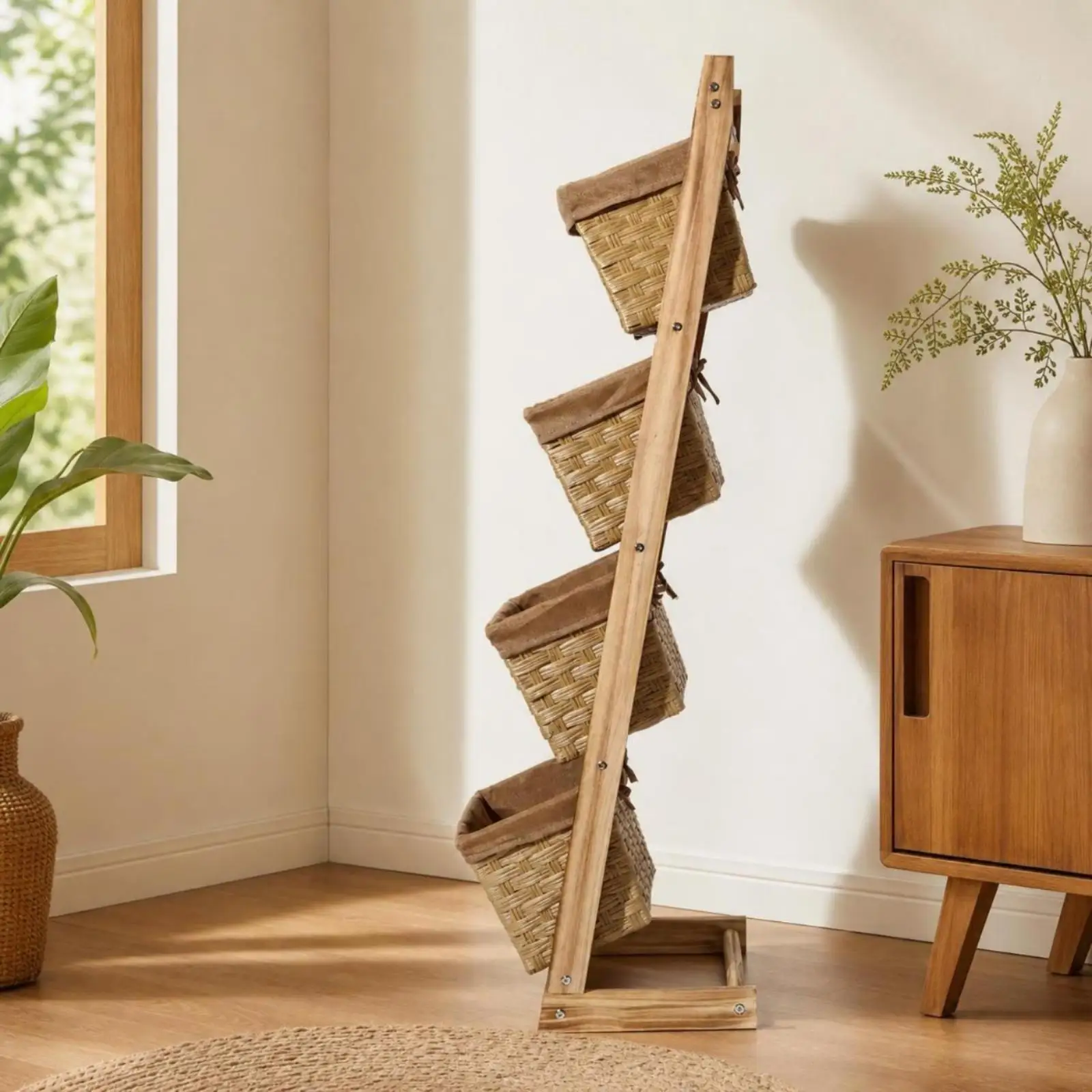 Slim Wood Storage Shelf with LOVE Cutout Panel and Linen Baskets for Playroom Entryway Compact Rack