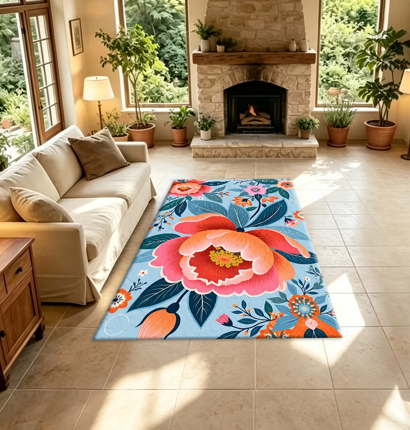 Bright Peony Floral Carpet Flooring Colorful Decorative Rug Modern Home Floor Ornament for Indoor Space