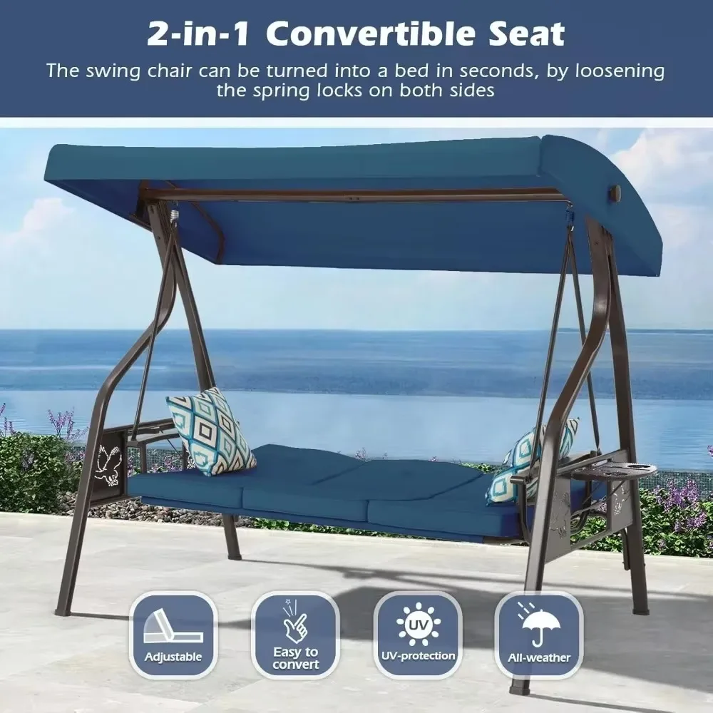 

3-Seat Outdoor Porch Swing with Stand, Patio Swing with Canopy, 2 in 1 Porch Bed & Patio Swing Chair for Adult