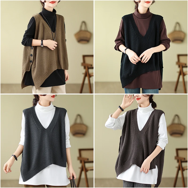 เสื้อกั๊กไหมพรมถักแบบหลวมสบายสำหรับผู้หญิง คอวี ไซส์ใหญ่ แฟชั่นฤดูใบไม้ร่วงและฤดูหนาว สวมใส่สบาย ระบายอากาศได้ดี หลากสี