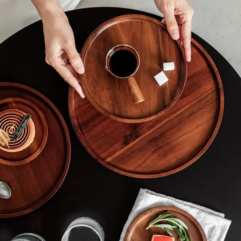 

Ins Wooden Round Serving Platter Tray Retro Wood Pizza Salad Plate Fruit Dessert Tray Bread Cake Container Snacks Dish