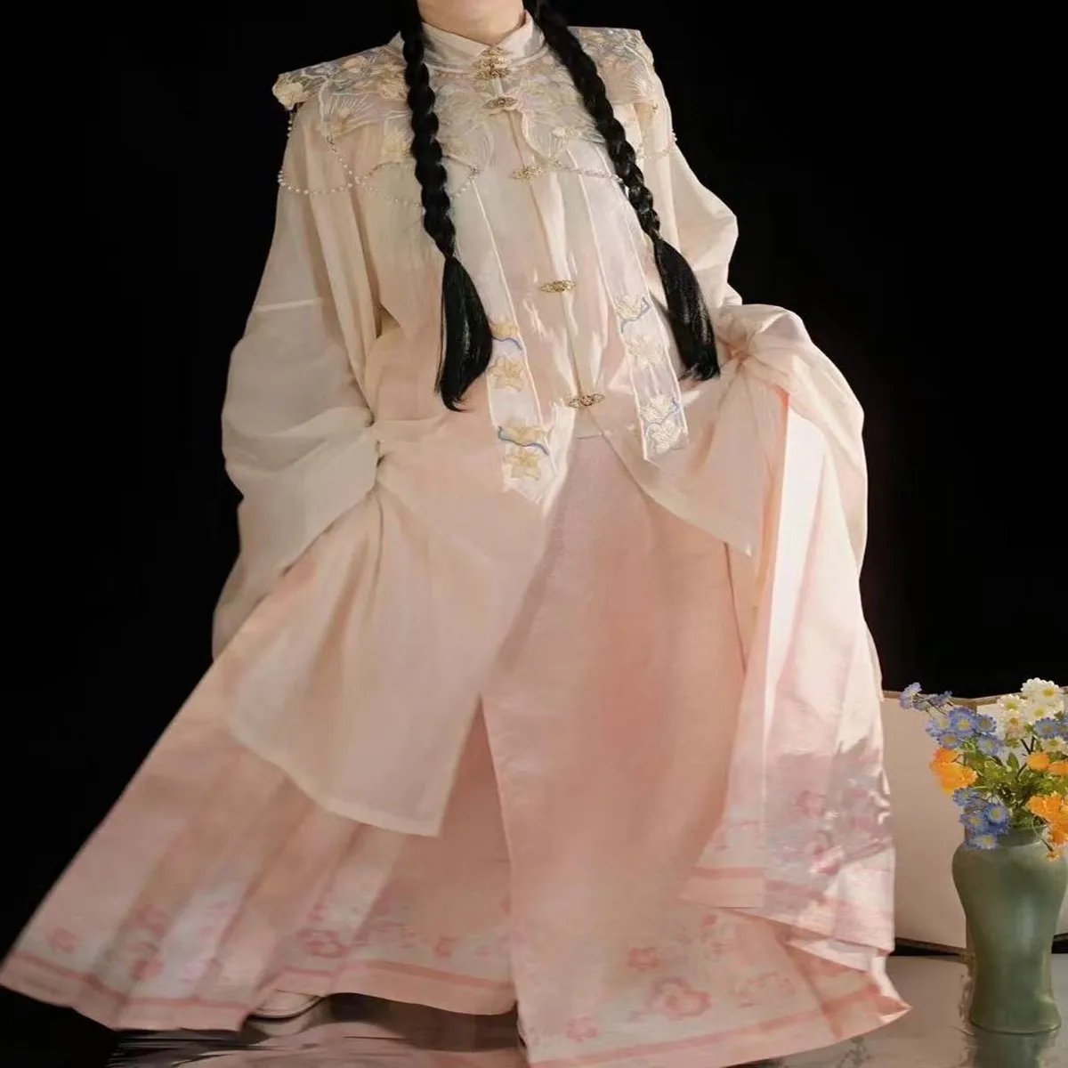 Plus Size 8XL Hanfu For Women 115kg Ancient Chinese Ming Dynasty Embroidered Pink Long Coat Beige Horse Face Skirt 3pcs Suits