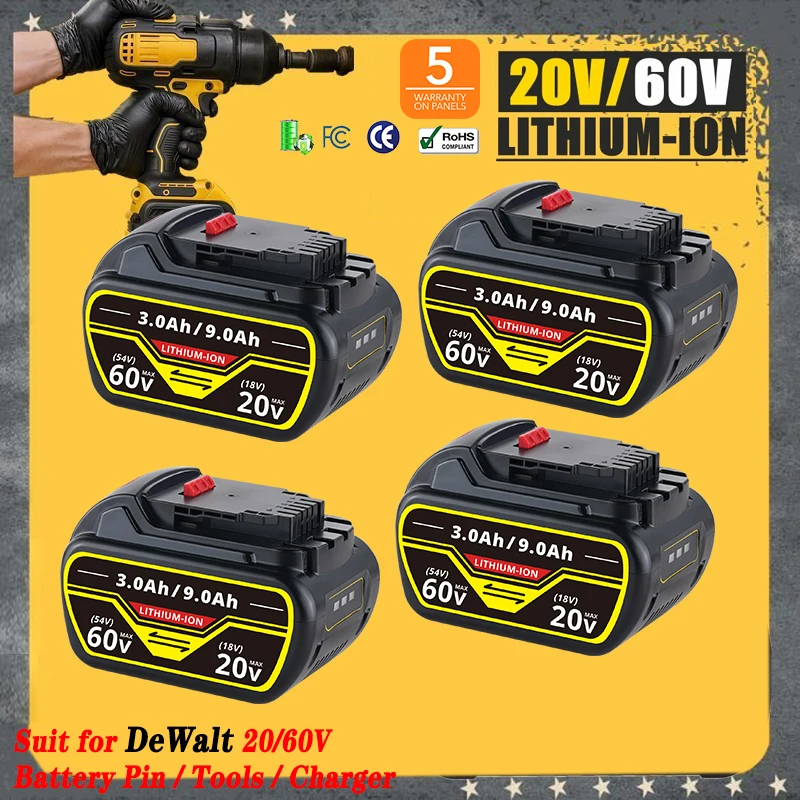 

1/2/4 шт. 9,0 Ач DCB609 литий-ионный аккумулятор, замена для Dewalt 20 В/60 В, контактный аккумулятор DCB606 DCB612, совместимый с аккумуляторными электроинструментами