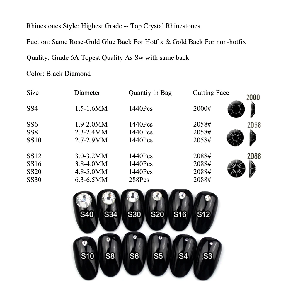 Crystal Castle Top Rhinestones for Clothes, Sw-Quality, Hotfix Strass, Black Diamond, Cold Fix, Flatback Crystals Stones Beads