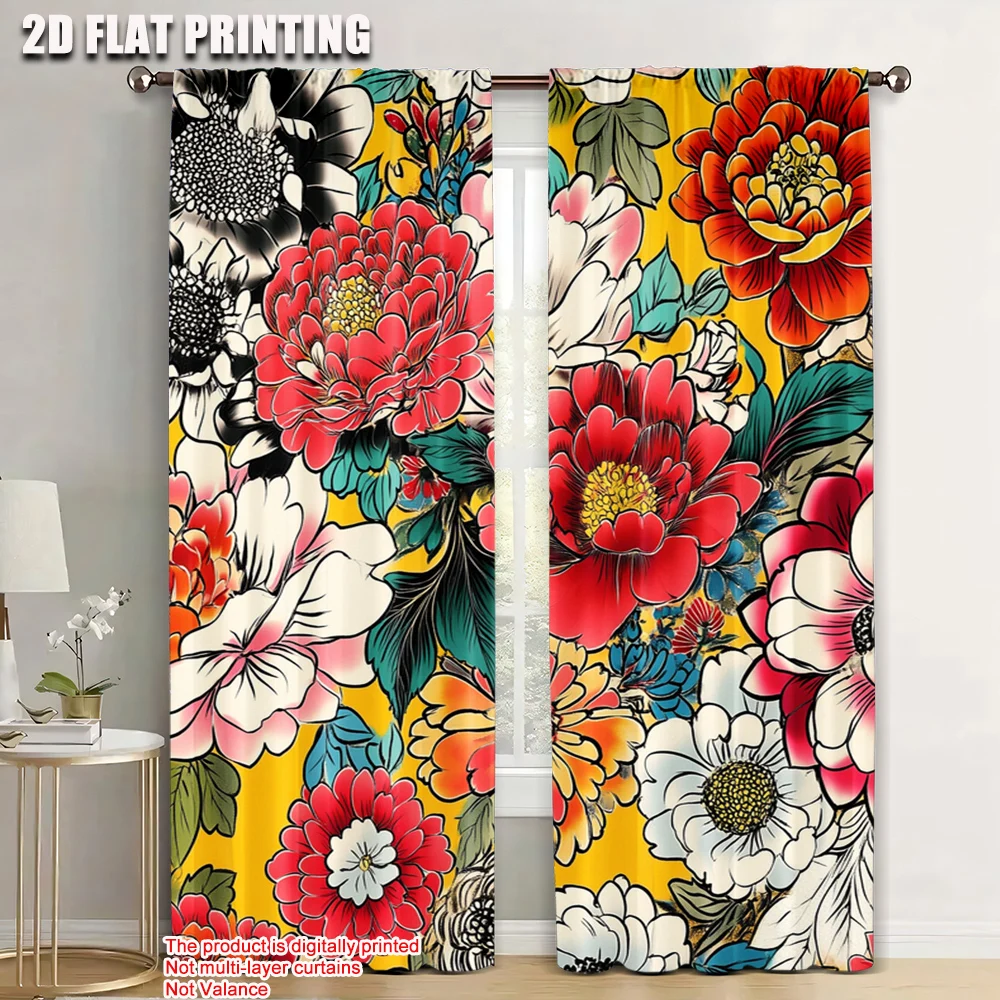 

2pc, Window Curtains Bohemian Colorful Flowers Light Filter Holiday Decorations Perfect for Daily home decoration