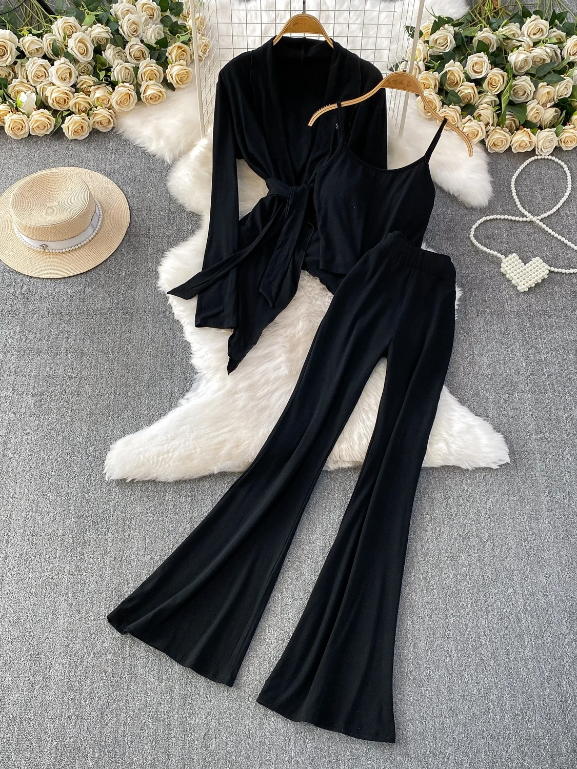 

Ele 2025 New Season Asymmetrical Belted awl Jaet + ort Pad Strap + Slimming Bell Bot Tee-Piece Set