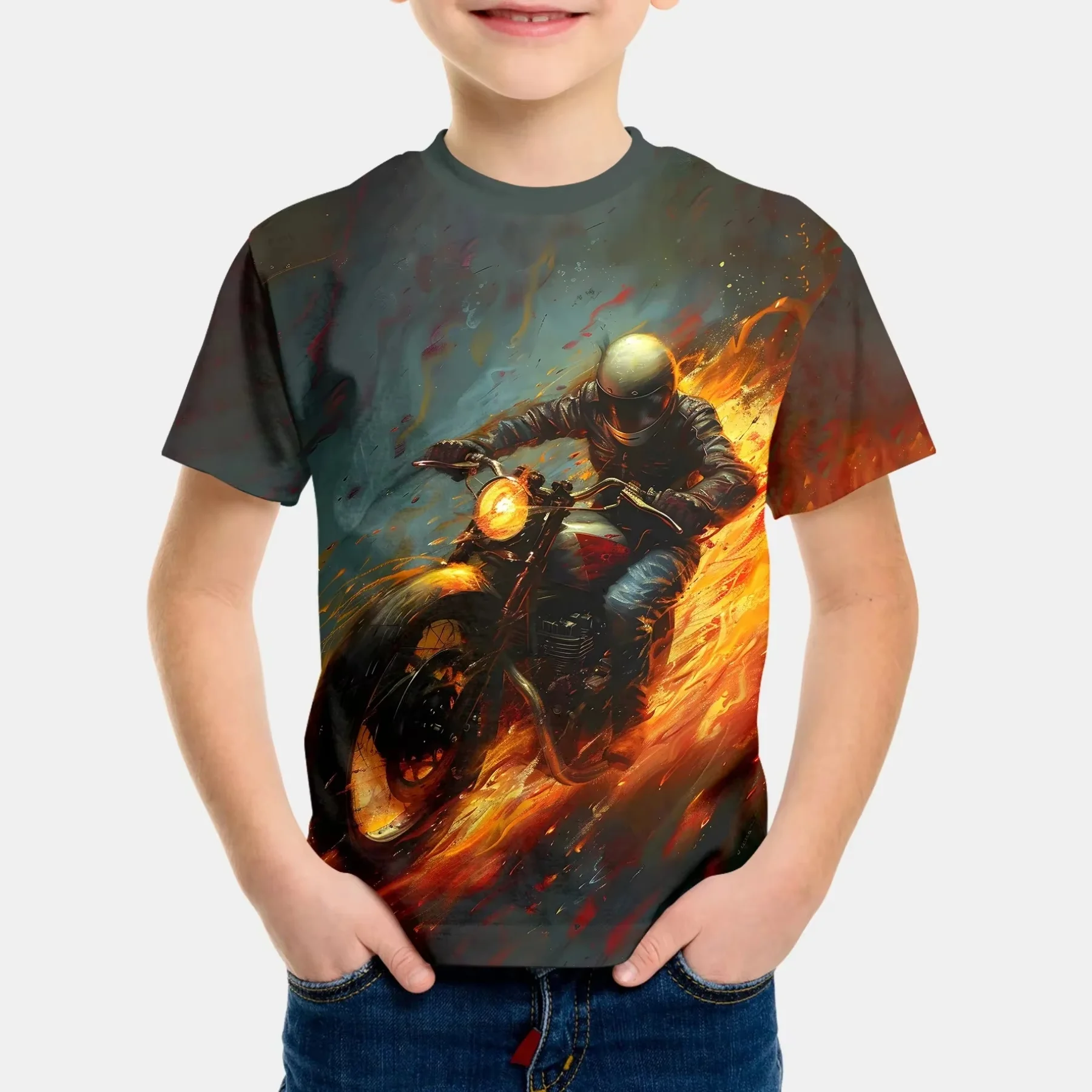 Motorradfahrer Jungen T-Shirt 3D-gedrucktes T-Shirt für Jungen 2-10 Jahre Kurzarm T-Shirt Top Baby Kind Sommer Trendy Street Kinder Top – Detail 7