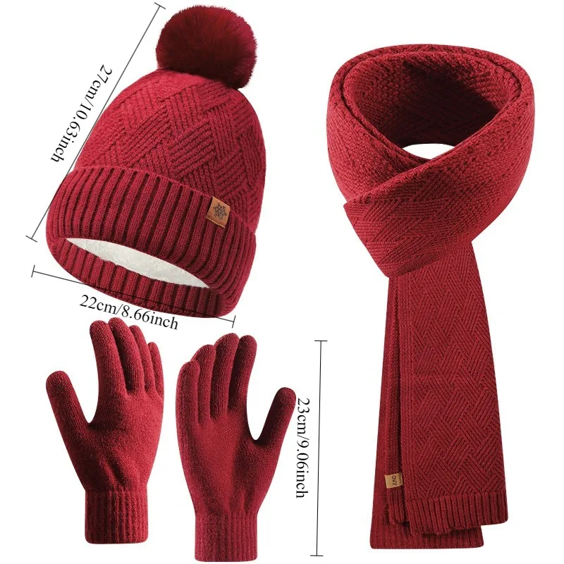 Double‑Layer Fleece‑Lined Warm Knit Hat Scarf Gloves 3‑Pack Set For Women Autumn Winter Daily Wear