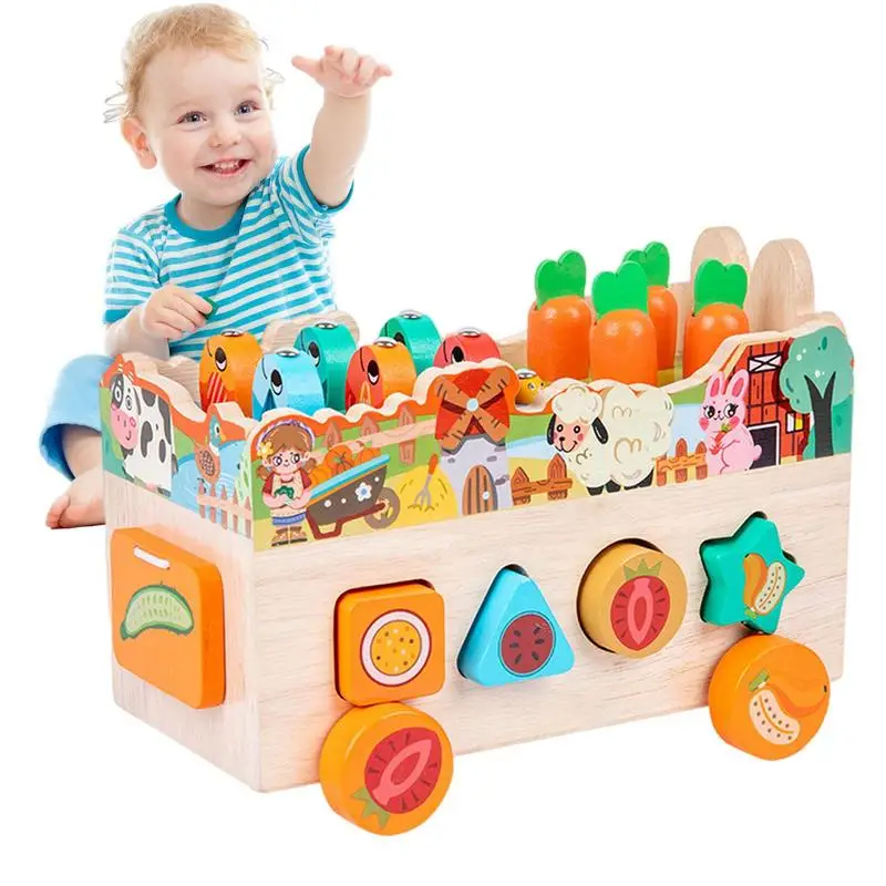 

Carrot Harvest Game Stacking Toys Wooden Shape Sorting Orchard Pulling Car Fruit Sorting Orchard Cart Farm Game For 2 Years Old