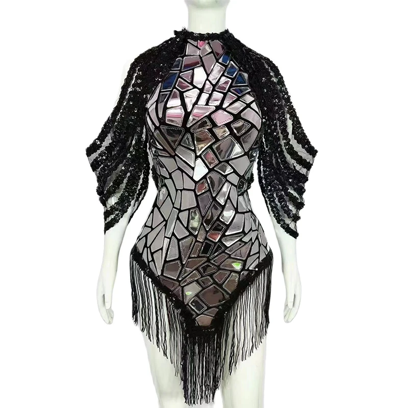 

Sexy Stage Shining Silver Sequins Backless Off Shoulder Dress Tassel Leotard Dance Costume Nightclub Outfit Performance Wear