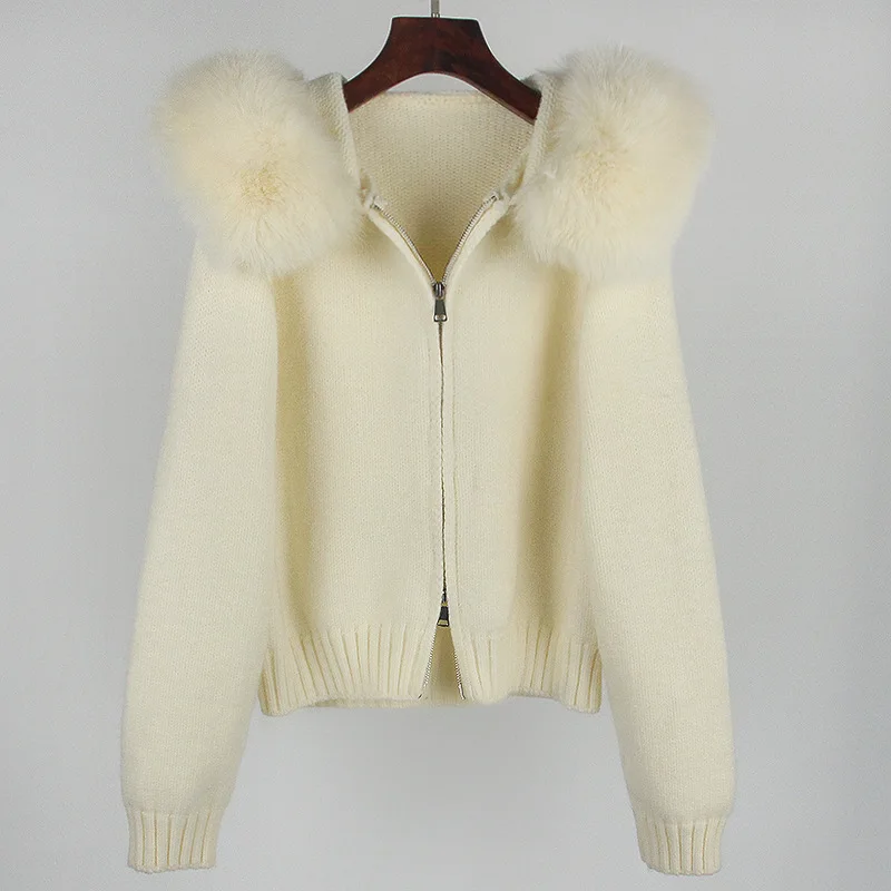 OFTBUY 2023 Fashion Autumn Winter Casual Hooded Real Fox Fur Collar Fashion Short Knitted Jacket with Natural Fur Coat for Women